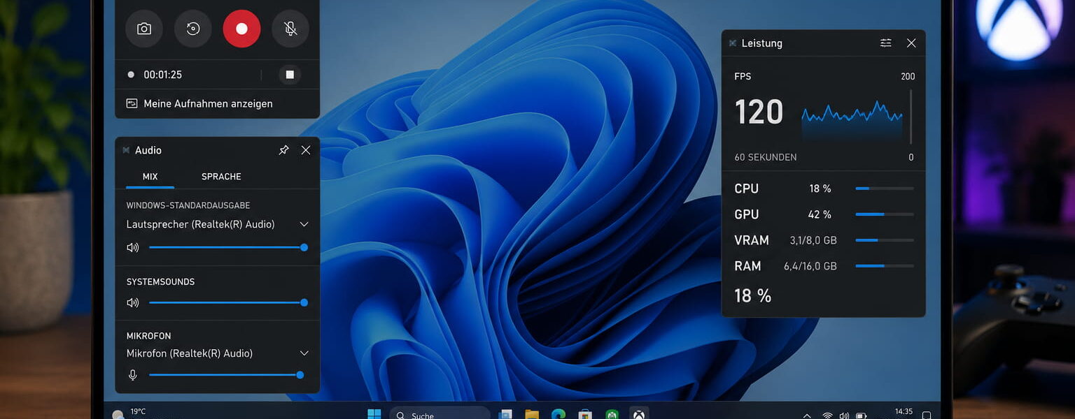 Xbox Game Bar mit Aufnahme-, Audio- und Leistungsanzeige in Windows 11