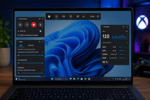 Xbox Game Bar mit Aufnahme-, Audio- und Leistungsanzeige in Windows 11
