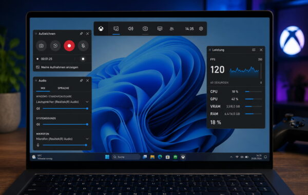 Xbox Game Bar mit Aufnahme-, Audio- und Leistungsanzeige in Windows 11