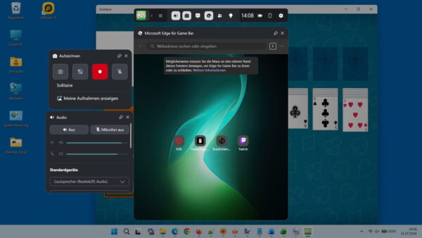 Xbox Game Bar Aufnahme in Windows 11 Xbox Game Bar mit laufender Aufnahme sowie Audio- und Mikrofoneinstellungen in Windows 11