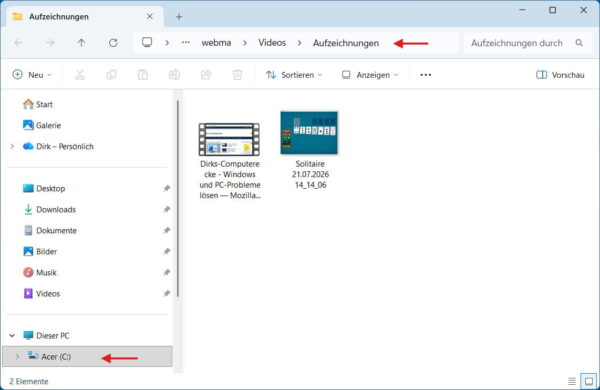 Xbox Game Bar Aufzeichnungen in Windows 11 finden Windows-Explorer mit dem Ordner Aufzeichnungen der Xbox Game Bar in Windows 11