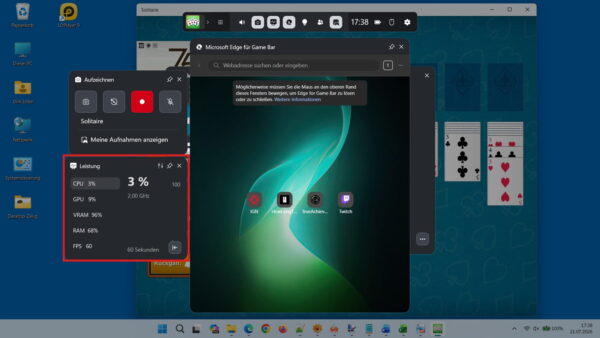 Xbox Game Bar Leistung in Windows 11 überwachen Xbox Game Bar mit Leistungs-Widget für FPS, CPU, GPU, VRAM und RAM in Windows 11