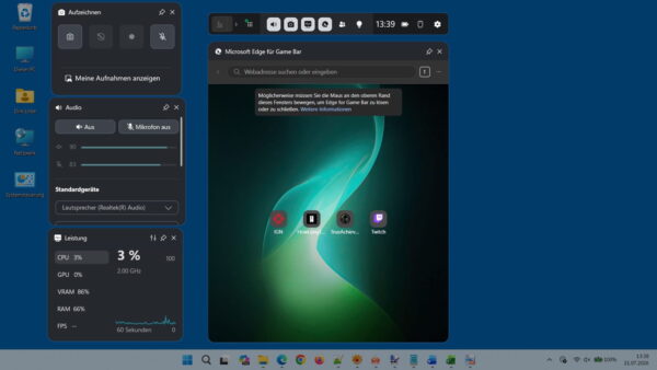 Xbox Game Bar Oberfläche in Windows 11 Geöffnete Xbox Game Bar mit Aufnahme-, Audio- und Leistungs-Widgets in Windows 11