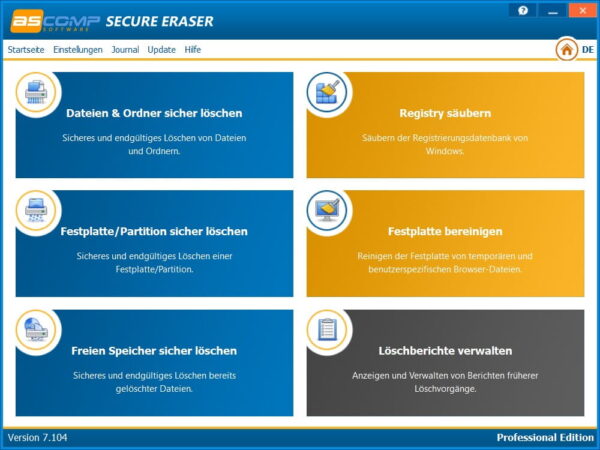 Hauptmenü von ASCOMP Secure Eraser im Überblick ASCOMP Secure Eraser Hauptoberfläche mit den zentralen Lösch- und Reinigungsfunktionen