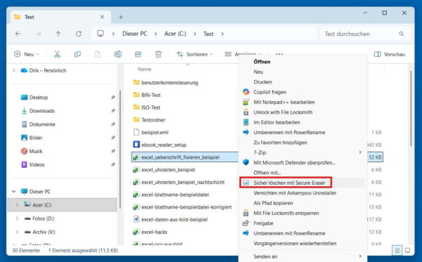 ASCOMP Secure Eraser direkt im Windows Kontextmenü nutzen Windows Kontextmenü mit dem Eintrag Sicher löschen mit Secure Eraser zum schnellen Schreddern von Dateien