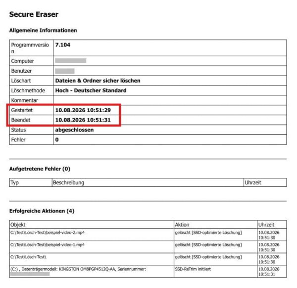 Löschbericht von ASCOMP Secure Eraser Secure Eraser Löschbericht nach dem Löschen von 3,35 GB auf einer SSD