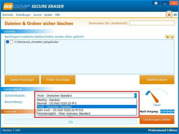 Sicherheitsstufen und Löschstandards konfigurieren Auswahl der verschiedenen Löschmethoden und Sicherheitsstufen in ASCOMP Secure Eraser