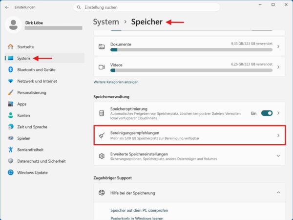 Bereinigungsempfehlungen in den Speichereinstellungen von Windows 11
