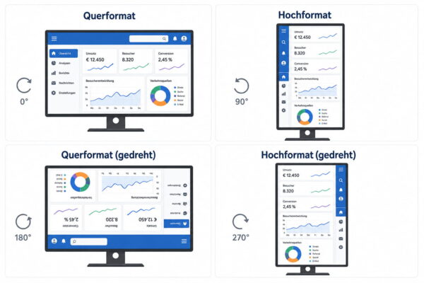 Bildschirm-Ausrichtungen in Windows im Überblick Infografik mit Querformat, Hochformat und gedrehten Bildschirm-Ausrichtungen