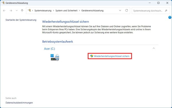 BitLocker-Wiederherstellungsschlüssel sichern BitLocker-Wiederherstellungsschlüssel unter Windows 11 sichern