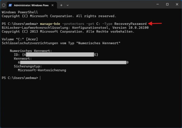 BitLocker-Wiederherstellungsschlüssel per Terminal anzeigen BitLocker-Wiederherstellungsschlüssel im Windows Terminal anzeigen