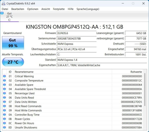 SSD-Zustand mit CrystalDiskInfo prüfen CrystalDiskInfo zeigt Gesundheitszustand, Temperatur und SMART-Werte einer SSD