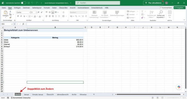 Excel-Blattname per Doppelklick ändern Excel-Blattname per Doppelklick auf die Registerkarte Tabelle1 ändern