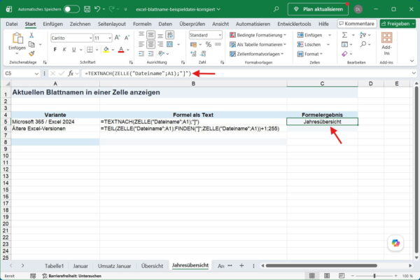 Aktuellen Excel-Blattnamen in einer Zelle anzeigen Excel-Blattname mit TEXTNACH und ZELLE in einer Zelle anzeigen