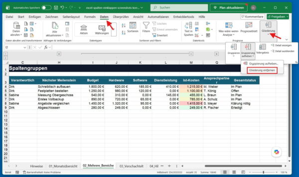 Komplette Gliederung mit allen Spaltengruppen in Excel entfernen