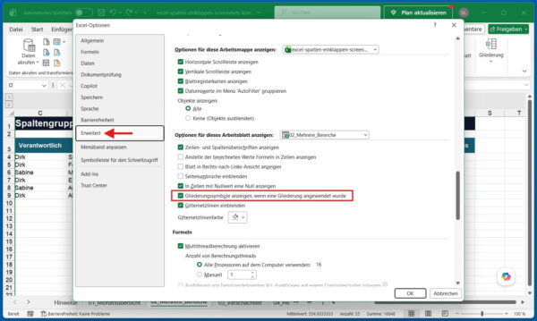Gliederungssymbole für Plus- und Minuszeichen in den Excel-Optionen aktivieren