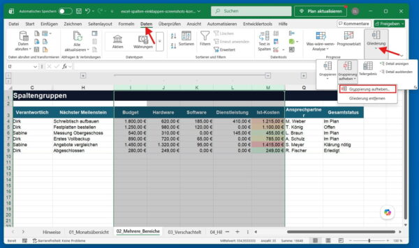 Markierte Excel-Spalten über Gruppierung aufheben entgruppieren