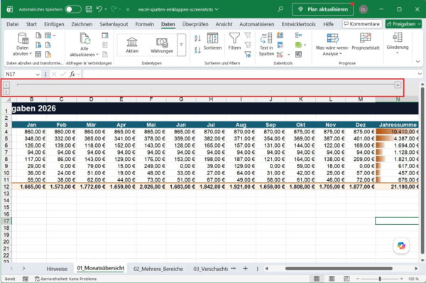 Gruppierte Excel-Spalten mit Gliederung und Minuszeichen zum Einklappen