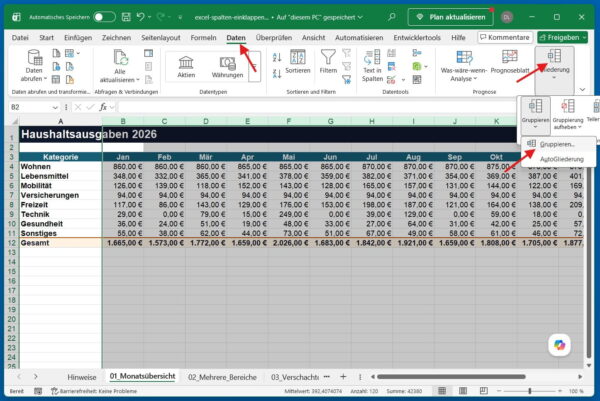Markierte Excel-Spalten über Daten und Gruppieren zusammenfassen