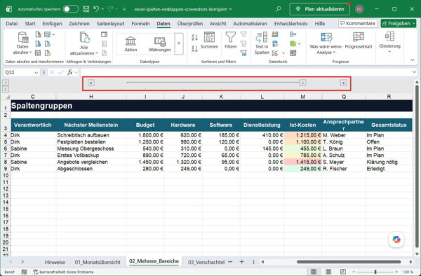 Mehrere Excel-Spaltengruppen nebeneinander mit ein- und ausgeklappten Bereichen