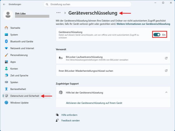 Geräteverschlüsselung in Windows 11 prüfen Geräteverschlüsselung in Windows 11 ist aktiviert