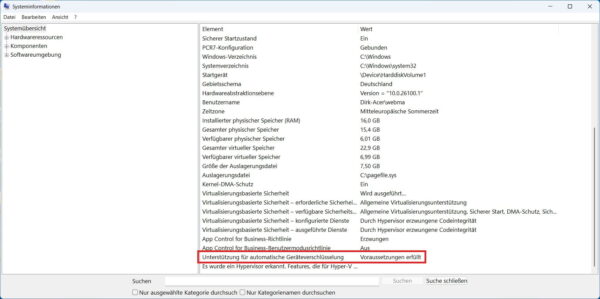 Windows 11 Systeminformationen zur Geräteverschlüsselung prüfen Systeminformationen in Windows 11 mit Unterstützung für automatische Geräteverschlüsselung