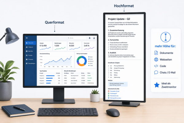 Monitor im Hochformat als Zweitmonitor nutzen Zwei Monitore im Querformat und Hochformat mit Vorteilen eines hochkant genutzten Bildschirms