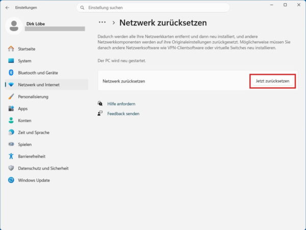 Windows 11: Netzwerkreset starten Windows 11 Netzwerk zurücksetzen mit dem Button Jetzt zurücksetzen
