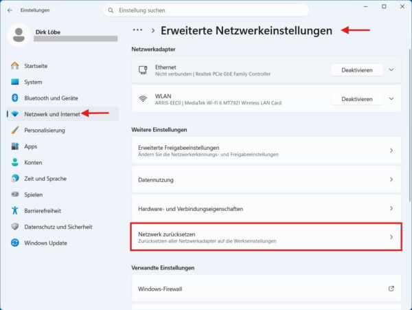 Windows 11: Netzwerk zurücksetzen Windows 11 Netzwerk zurücksetzen in den erweiterten Netzwerkeinstellungen