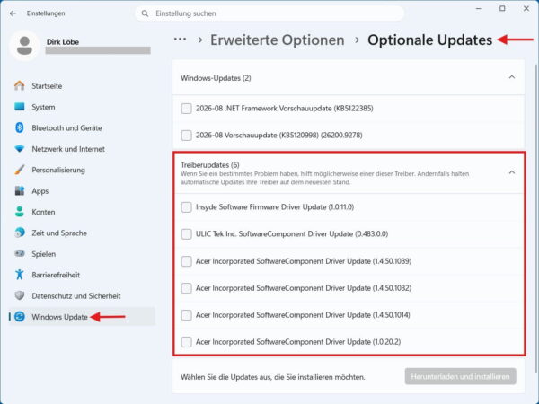Optionale Treiberupdates unter Windows 11 prüfen Optionale Treiberupdates in den Windows-11-Einstellungen