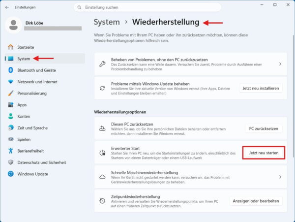 Erweiterten Start für Secure Boot öffnen Secure Boot unter Windows 11 aktivieren über den erweiterten Start
