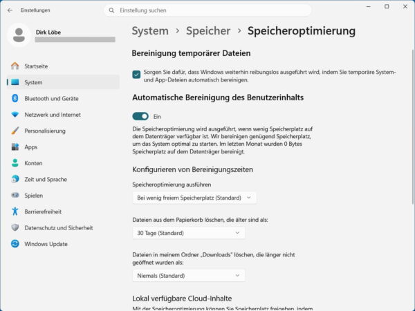 Einstellungen der Speicheroptimierung in Windows 11