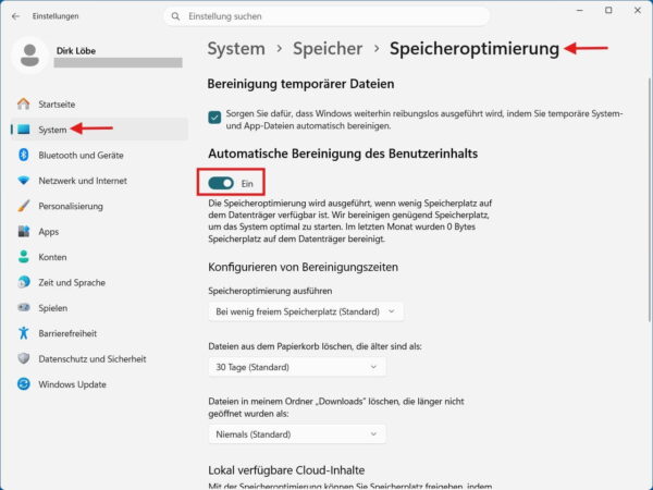 Speicheroptimierung unter Windows 11 einstellen Speicheroptimierung in Windows 11 für die automatische Bereinigung
