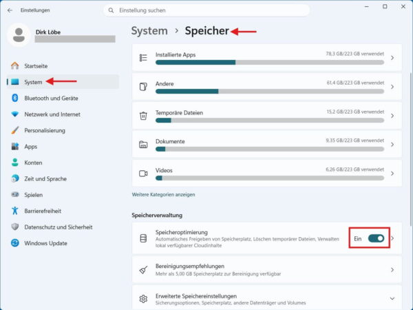 Speichereinstellungen in Windows 11 mit Speicheroptimierung