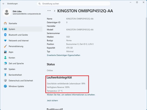 SSD-Gesundheit in Windows 11 prüfen Windows 11 zeigt Gesundheitsinformationen einer NVMe-SSD unter Datenträger und Volumes