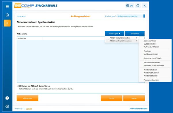 Aktionen vor und nach einer Synchronisation in SYNCHREDIBLE