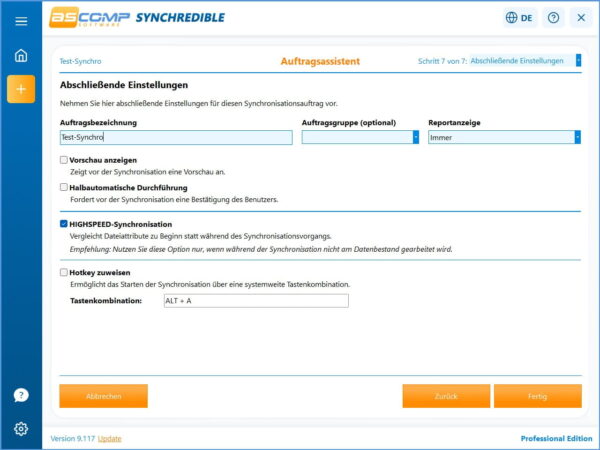 bschließende Einstellungen für einen SYNCHREDIBLE Synchronisationsauftrag