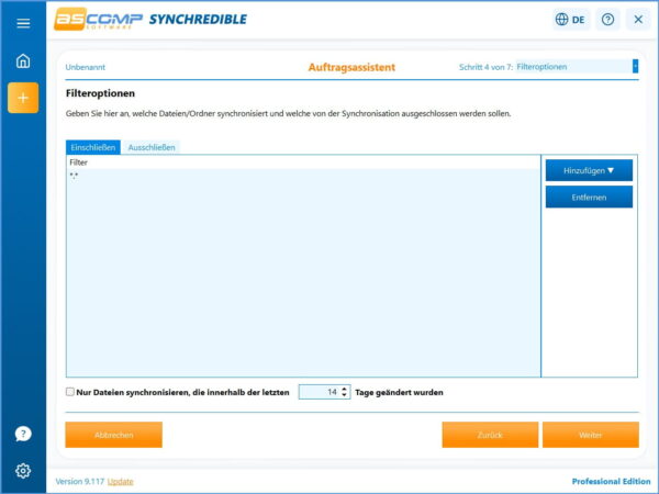 Filteroptionen für Dateien im SYNCHREDIBLE Auftragsassistenten