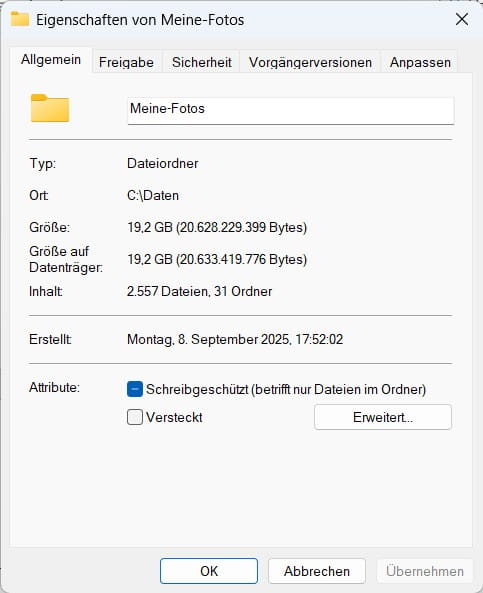 Eigenschaften des Fotoordners mit 19,2 GB für die SYNCHREDIBLE Synchronisation