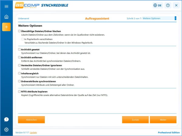 Weitere Optionen für einen Synchronisationsauftrag in SYNCHREDIBLE