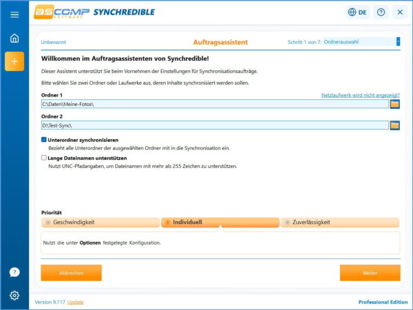 Quell- und Zielordner im SYNCHREDIBLE Auftragsassistenten auswählen