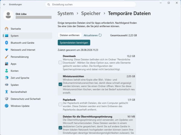 Temporäre Dateien prüfen und entfernen Temporäre Dateien in Windows 11 zum Löschen auswählen