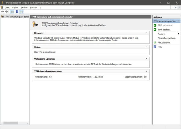TPM 2.0 unter Windows prüfen TPM-Verwaltung unter Windows 11 mit aktiviertem TPM 2.0