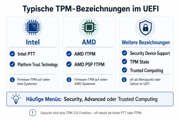TPM-Bezeichnungen im UEFI Typische TPM-Bezeichnungen im UEFI wie Intel PTT und AMD fTPM