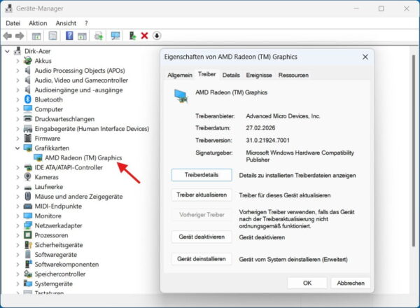 Treiber zurücksetzen ist im Geräte-Manager ausgegraut Ausgegraute Option Vorheriger Treiber im Geräte-Manager von Windows 11