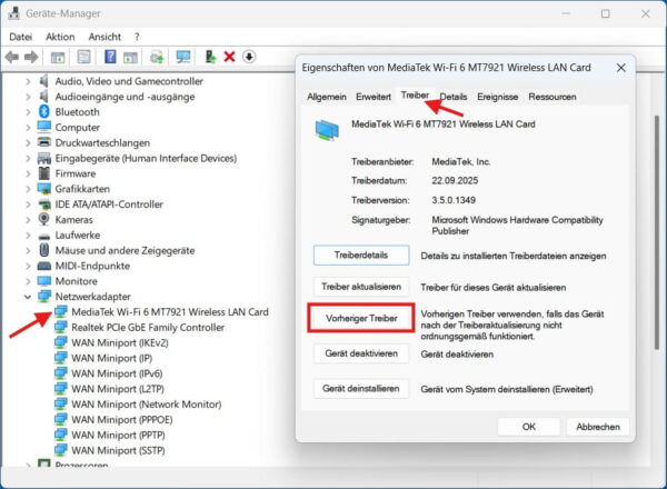 Treiber zurücksetzen in Windows 11 über den Geräte-Manager Vorheriger Treiber im Geräte-Manager von Windows 11 zurücksetzen