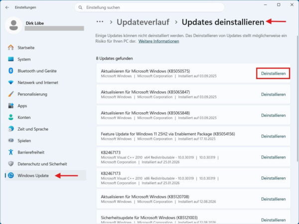 Windows Update über die Einstellungen deinstallieren Windows Update in Windows 11 über die Einstellungen deinstallieren