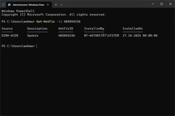Windows 11 25H2 Enablement Package KB5054156 in PowerShell
