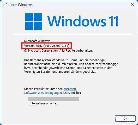 Windows 11 25H2 mit winver prüfen