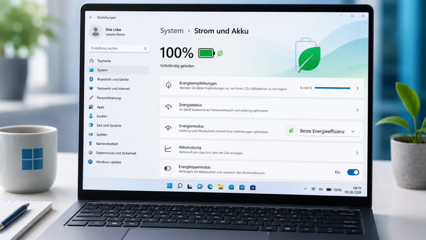 Windows 11 Akkulaufzeit verbessern mit den Strom- und Akkueinstellungen am Laptop